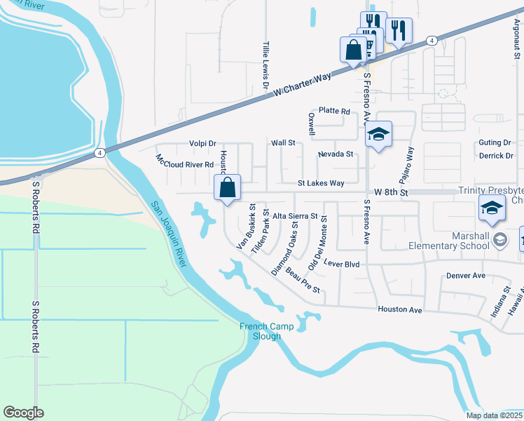 map of restaurants, bars, coffee shops, grocery stores, and more near 2229 Tilden Park Street in Stockton