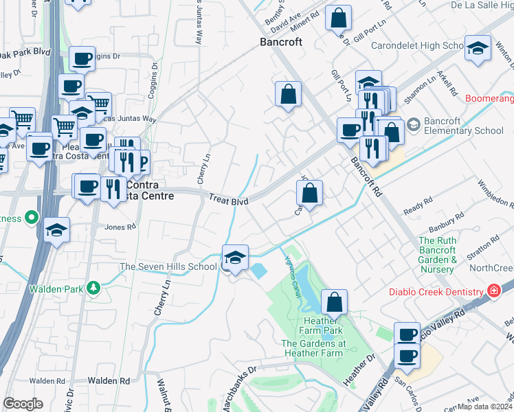 map of restaurants, bars, coffee shops, grocery stores, and more near 1049 Northoak Drive in Walnut Creek
