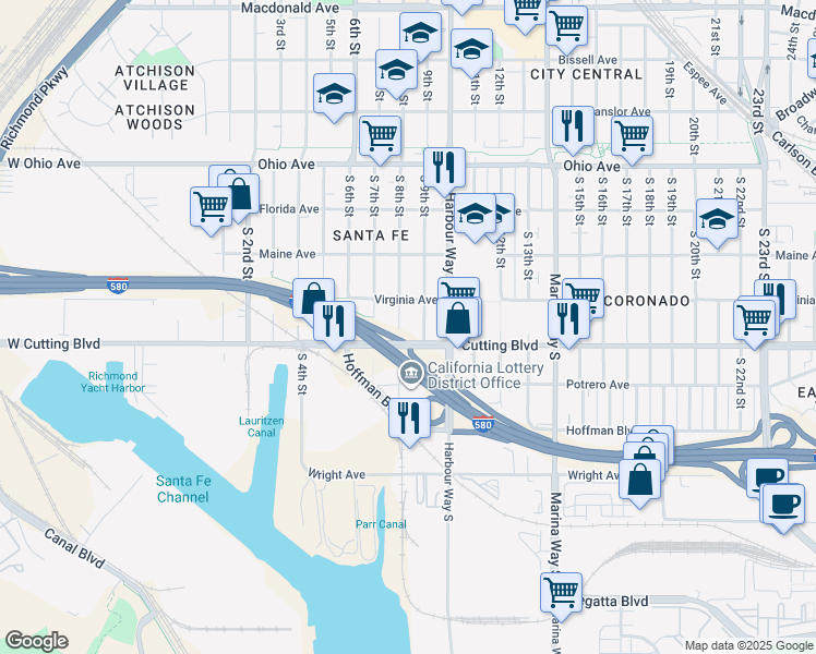 map of restaurants, bars, coffee shops, grocery stores, and more near 427 South 9th Street in Richmond