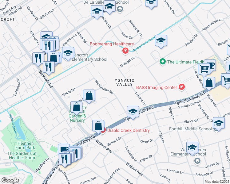 map of restaurants, bars, coffee shops, grocery stores, and more near 428 Wimbledon Road in Walnut Creek