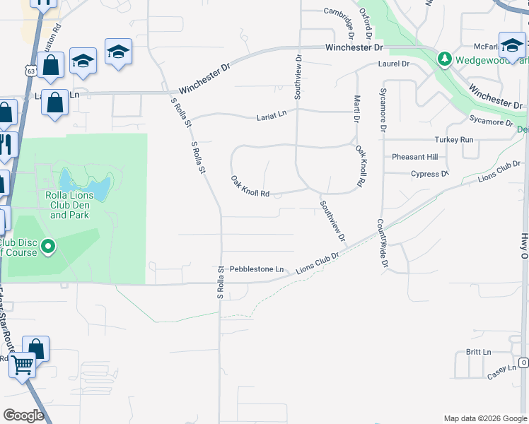 map of restaurants, bars, coffee shops, grocery stores, and more near 301 Sooter Lane in Rolla