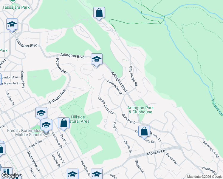 map of restaurants, bars, coffee shops, grocery stores, and more near 1352 Brewster Drive in El Cerrito