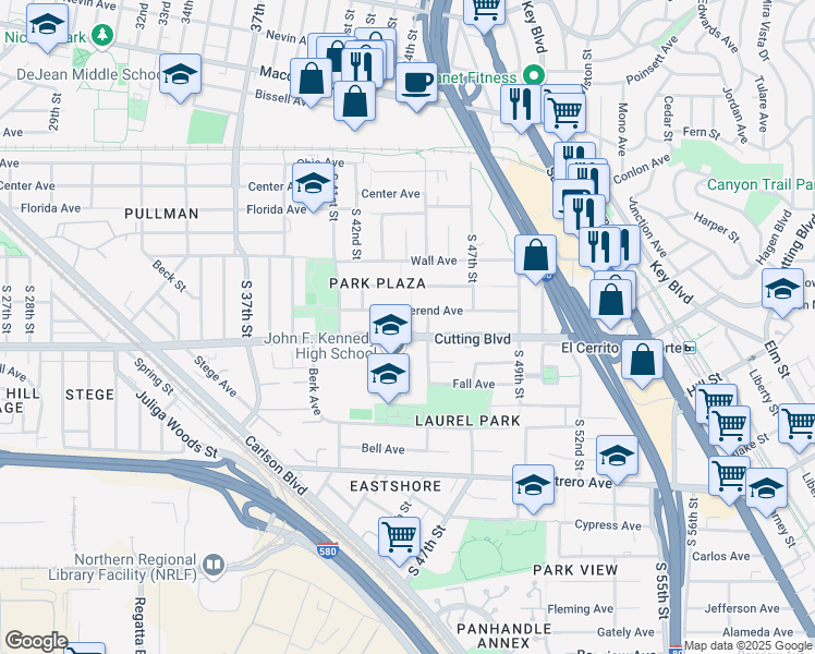 map of restaurants, bars, coffee shops, grocery stores, and more near 4411 Cutting Boulevard in Richmond