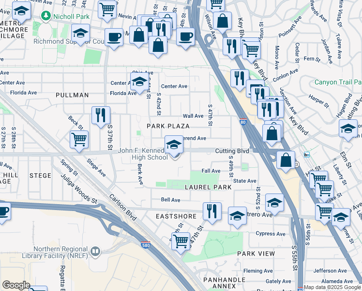 map of restaurants, bars, coffee shops, grocery stores, and more near 4411 Cutting Boulevard in Richmond
