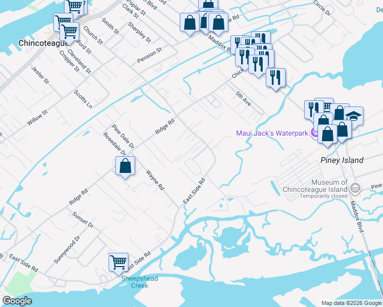 map of restaurants, bars, coffee shops, grocery stores, and more near 4300 Shields Lane in Chincoteague
