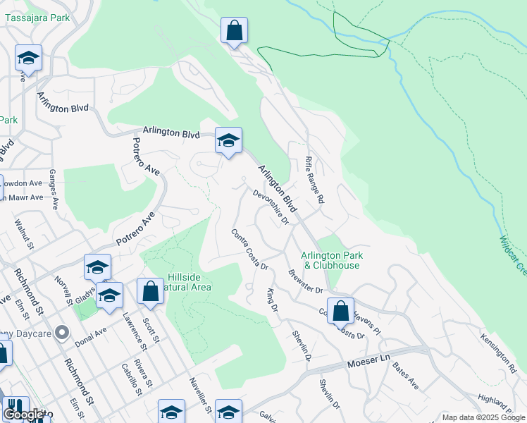 map of restaurants, bars, coffee shops, grocery stores, and more near 1352 Brewster Drive in El Cerrito