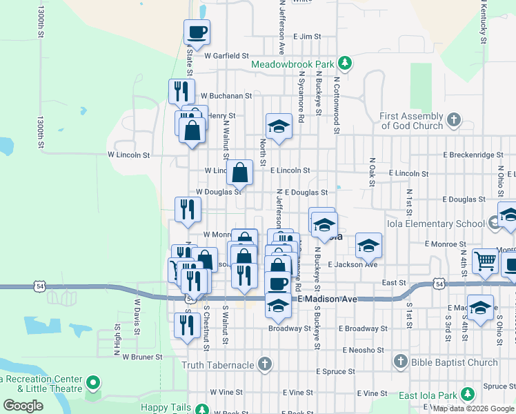 map of restaurants, bars, coffee shops, grocery stores, and more near 408 North Street in Iola