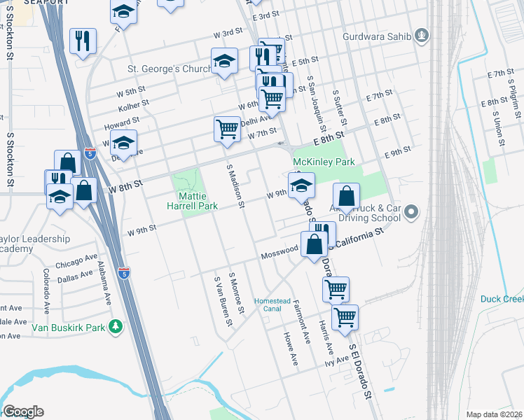 map of restaurants, bars, coffee shops, grocery stores, and more near 120 West 9th Street in Stockton