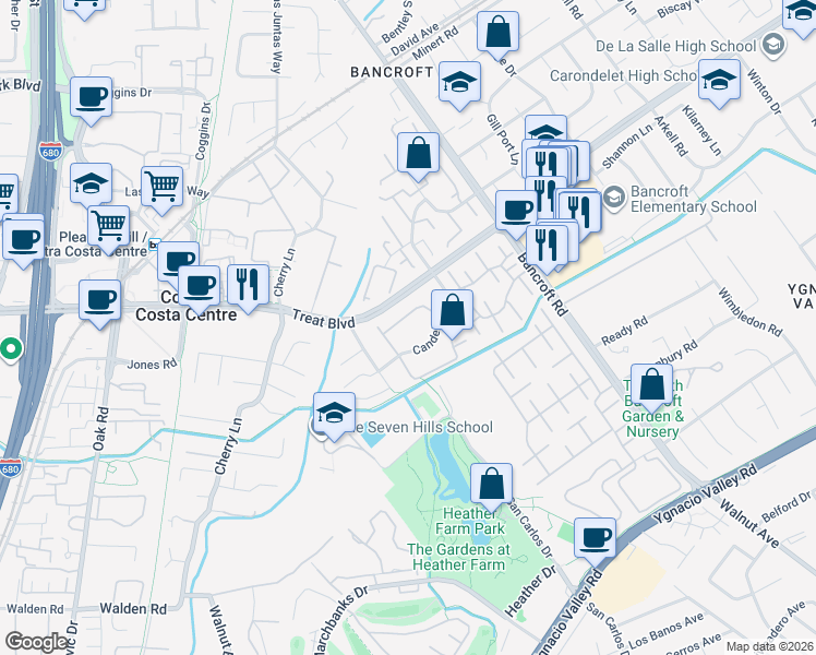 map of restaurants, bars, coffee shops, grocery stores, and more near 118 Northcreek Circle in Walnut Creek