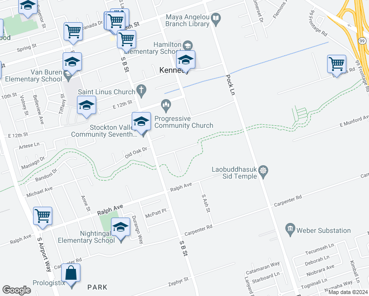 map of restaurants, bars, coffee shops, grocery stores, and more near 2143 Michael Avenue in Stockton