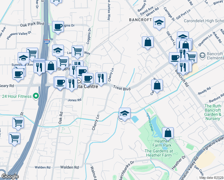map of restaurants, bars, coffee shops, grocery stores, and more near 2850 Cherry Lane in Walnut Creek