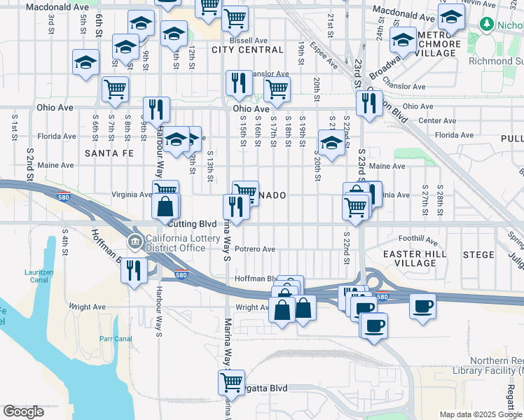 map of restaurants, bars, coffee shops, grocery stores, and more near 436 South 16th Street in Richmond