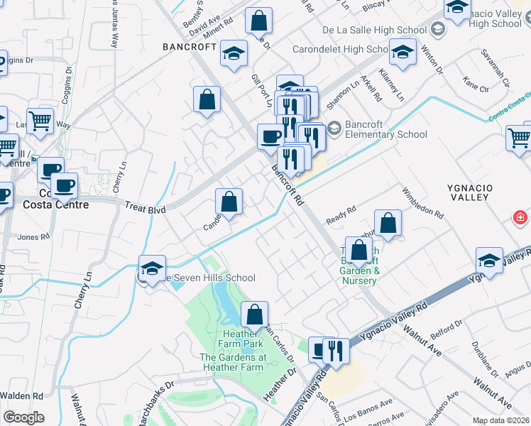 map of restaurants, bars, coffee shops, grocery stores, and more near 1930 Pomar Way in Walnut Creek