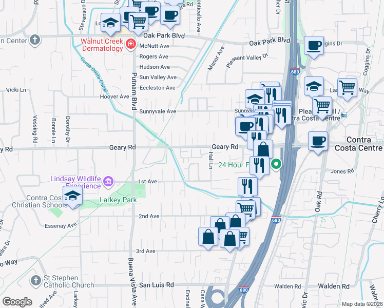 map of restaurants, bars, coffee shops, grocery stores, and more near 1661 Geary Road in Walnut Creek