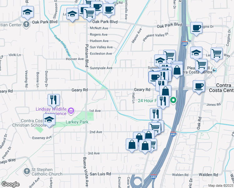 map of restaurants, bars, coffee shops, grocery stores, and more near 1773 Geary Road in Walnut Creek
