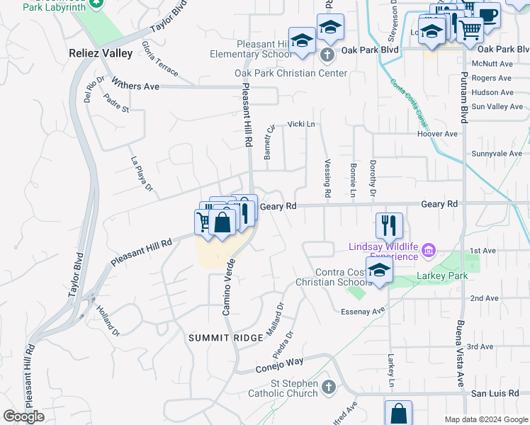 map of restaurants, bars, coffee shops, grocery stores, and more near 2872 Melillo Drive in Walnut Creek