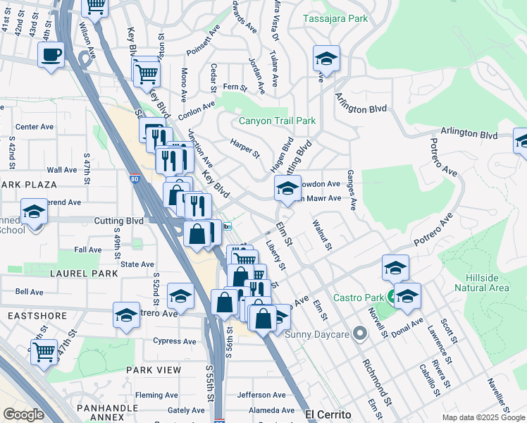 map of restaurants, bars, coffee shops, grocery stores, and more near 6628 Cutting Boulevard in El Cerrito