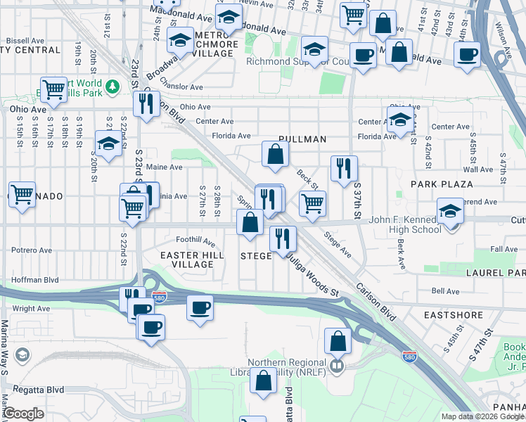 map of restaurants, bars, coffee shops, grocery stores, and more near 462 Spring Street in Richmond