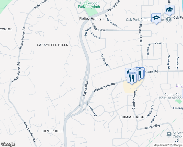 map of restaurants, bars, coffee shops, grocery stores, and more near 3196 Diablo View Road in Lafayette