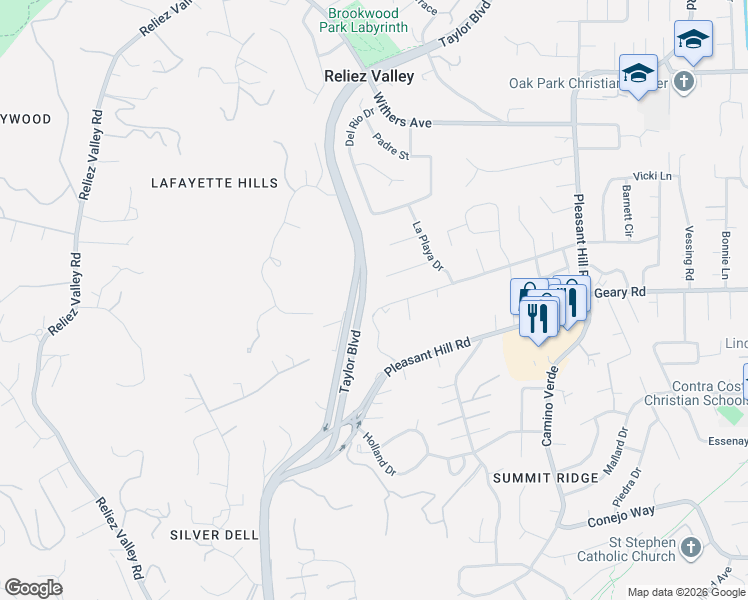 map of restaurants, bars, coffee shops, grocery stores, and more near 3196 Diablo View Road in Lafayette