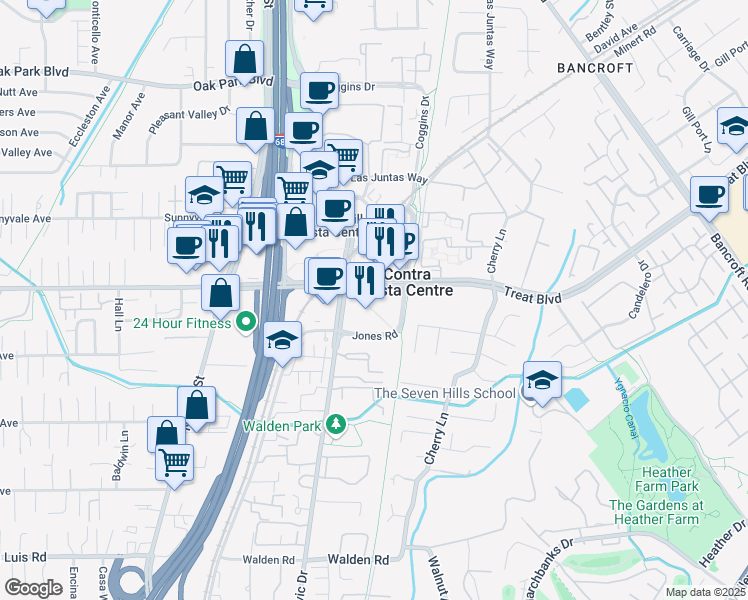 map of restaurants, bars, coffee shops, grocery stores, and more near 1350 Oak Road in Walnut Creek