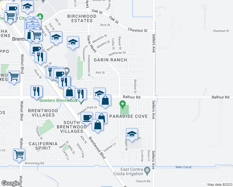 map of restaurants, bars, coffee shops, grocery stores, and more near 710 Piva Court in Brentwood