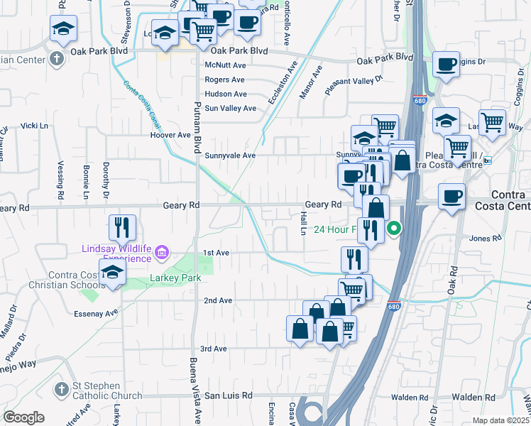 map of restaurants, bars, coffee shops, grocery stores, and more near 1713 Geary Road in Walnut Creek