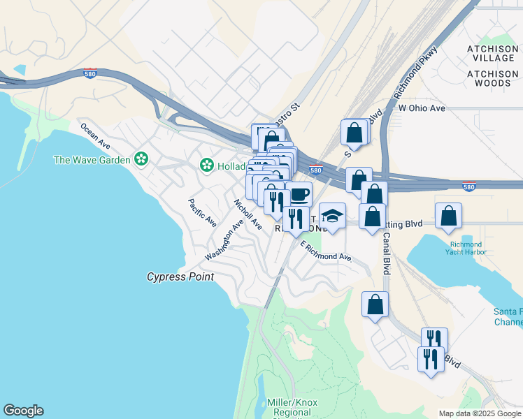 map of restaurants, bars, coffee shops, grocery stores, and more near 218 Washington Avenue in Richmond