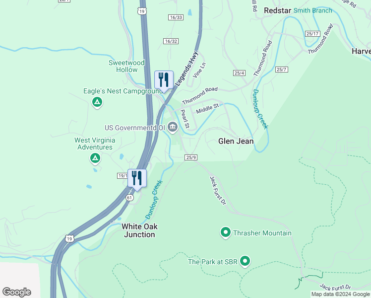 map of restaurants, bars, coffee shops, grocery stores, and more near Main Street in Glen Jean