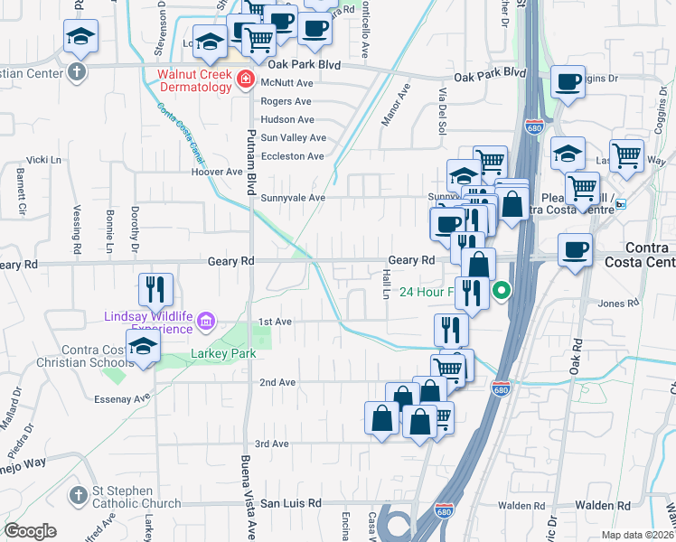 map of restaurants, bars, coffee shops, grocery stores, and more near 1713 Geary Road in Walnut Creek
