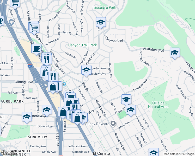 map of restaurants, bars, coffee shops, grocery stores, and more near 1764 Wesley Avenue in El Cerrito