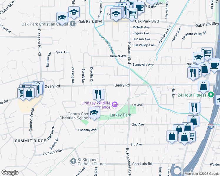 map of restaurants, bars, coffee shops, grocery stores, and more near 1961 Geary Road in Walnut Creek
