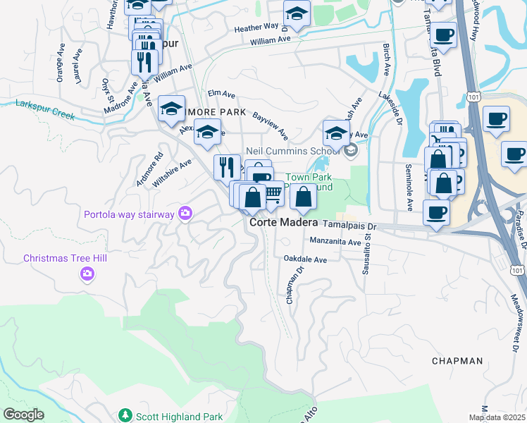 map of restaurants, bars, coffee shops, grocery stores, and more near 30 Tamalpais Dr in Corte Madera