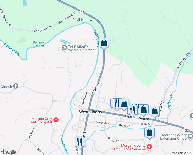 map of restaurants, bars, coffee shops, grocery stores, and more near 100 Bellamy Court in West Liberty
