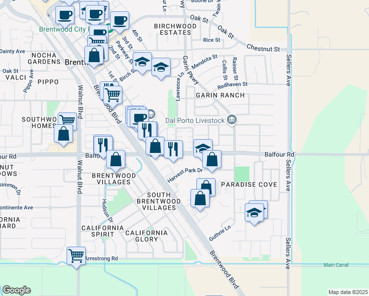 map of restaurants, bars, coffee shops, grocery stores, and more near 458 Tulip Court in Brentwood