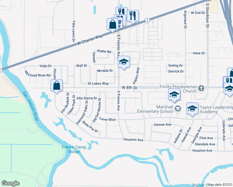 map of restaurants, bars, coffee shops, grocery stores, and more near 1916 Quaker Ridge Court in Stockton