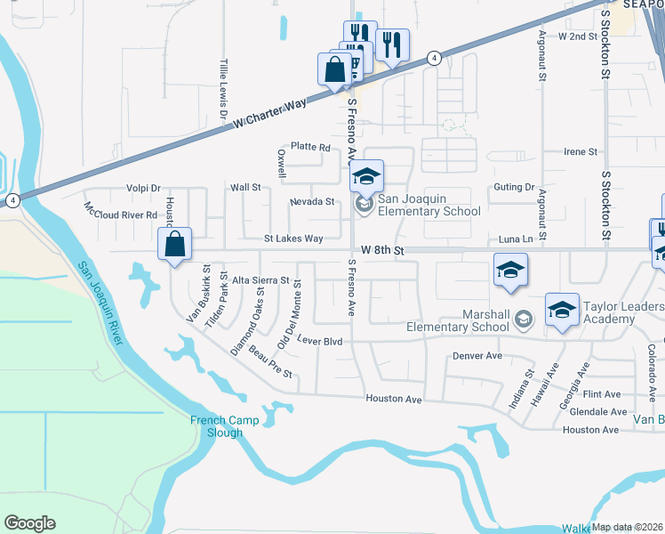 map of restaurants, bars, coffee shops, grocery stores, and more near 1916 Quaker Ridge Court in Stockton