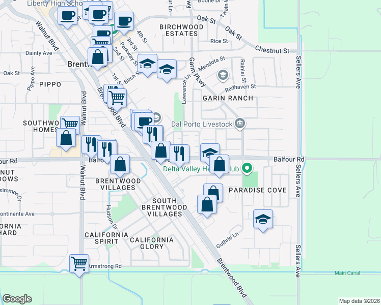 map of restaurants, bars, coffee shops, grocery stores, and more near 458 Tulip Court in Brentwood