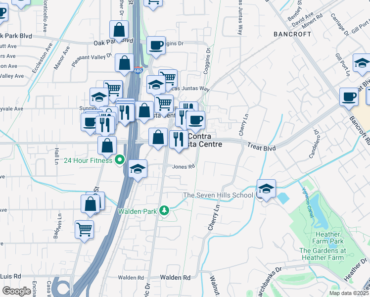 map of restaurants, bars, coffee shops, grocery stores, and more near 1350 Oak Road in Walnut Creek