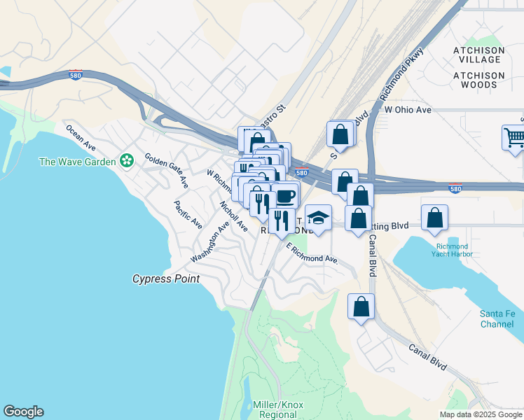 map of restaurants, bars, coffee shops, grocery stores, and more near 157 Park Place in Richmond