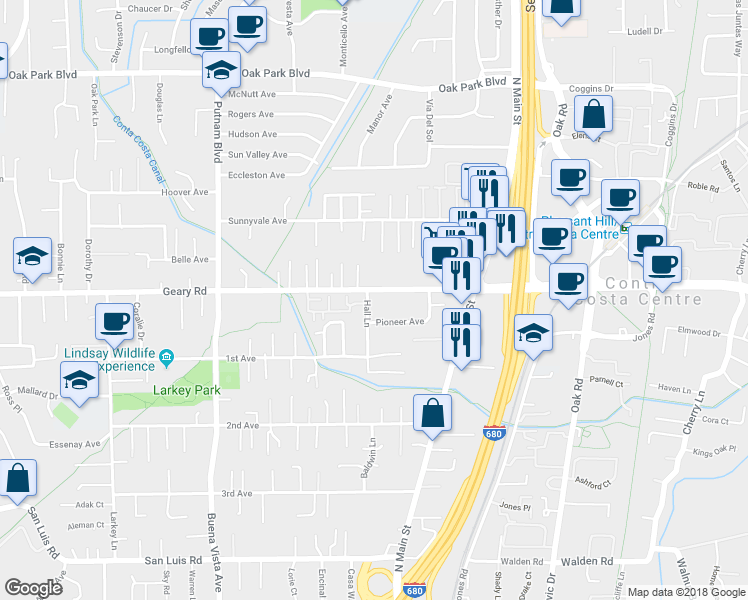map of restaurants, bars, coffee shops, grocery stores, and more near 1587 Geary Road in Walnut Creek