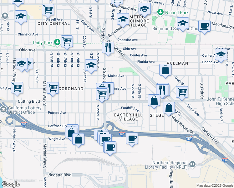 map of restaurants, bars, coffee shops, grocery stores, and more near 425 South 25th Street in Richmond