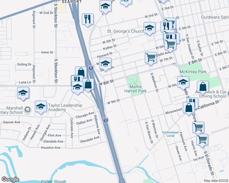 map of restaurants, bars, coffee shops, grocery stores, and more near 2305 South Harrison Street in Stockton