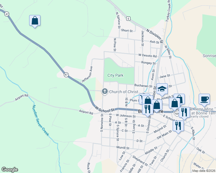 map of restaurants, bars, coffee shops, grocery stores, and more near 10 Tower Court in Bonne Terre