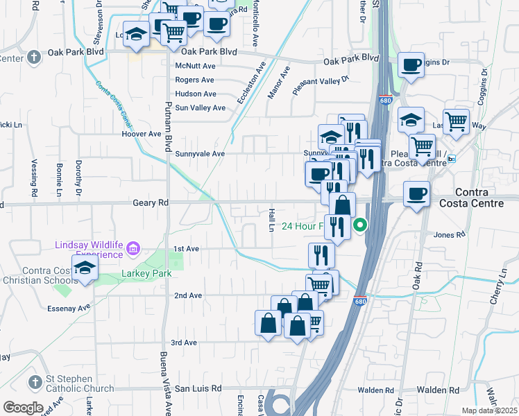map of restaurants, bars, coffee shops, grocery stores, and more near 1661 Geary Road in Walnut Creek