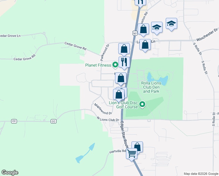 map of restaurants, bars, coffee shops, grocery stores, and more near 588 Basswood Drive in Rolla