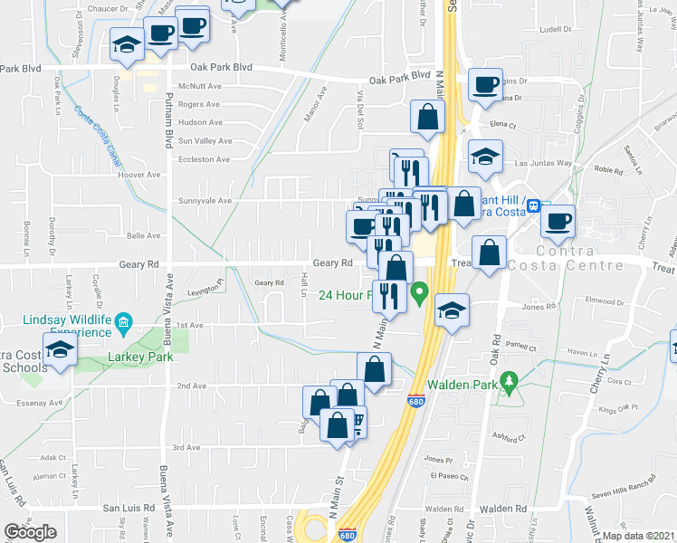 map of restaurants, bars, coffee shops, grocery stores, and more near 986 Dee Court in Walnut Creek