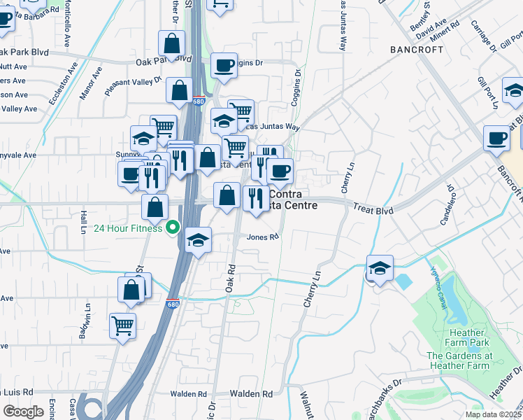 map of restaurants, bars, coffee shops, grocery stores, and more near 1350 Treat Boulevard in Walnut Creek