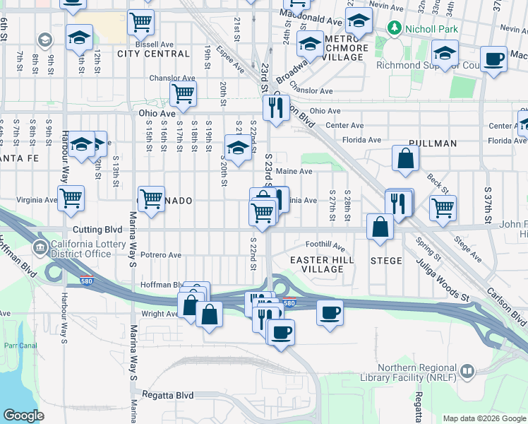 map of restaurants, bars, coffee shops, grocery stores, and more near 425 South 23rd Street in Richmond