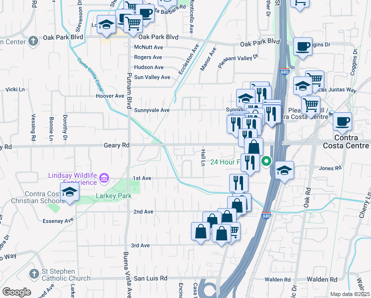 map of restaurants, bars, coffee shops, grocery stores, and more near 1661 Geary Road in Walnut Creek
